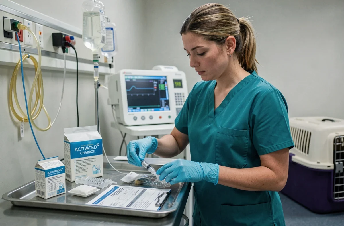 Technicienne vétérinaire préparant un traitement d'urgence avec perfusion intraveineuse et charbon actif pour un animal intoxiqué dans une salle de soins vétérinaires