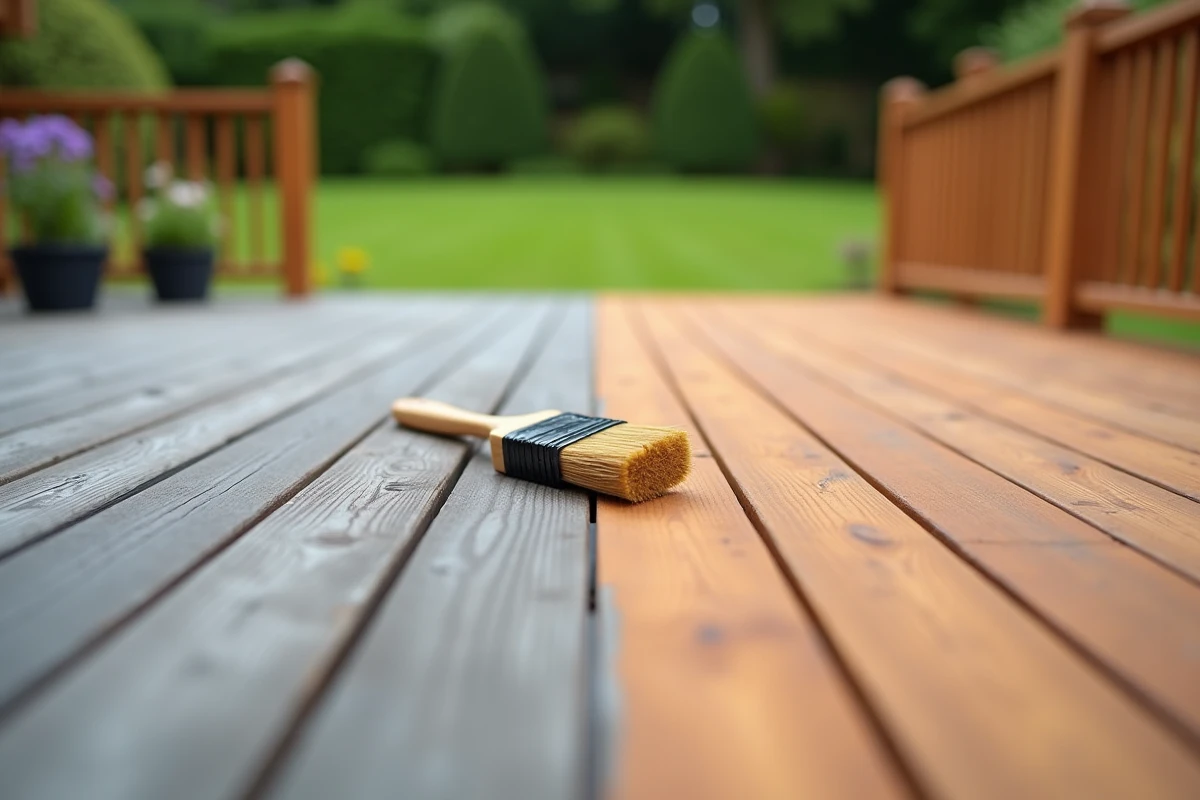 Terrasse en bois avant et après traitement montrant la restauration du bois vieilli et grisé