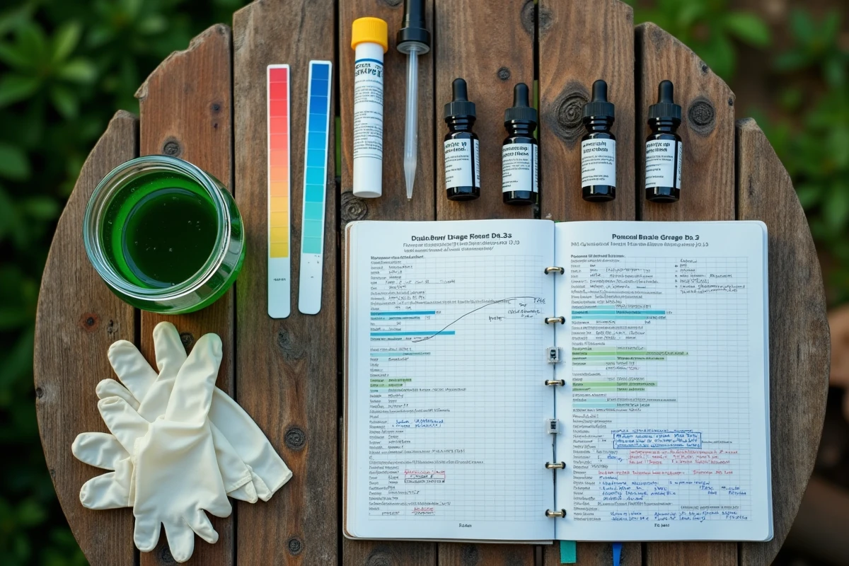 Kit de test de qualité de l'eau pour bassin de jardin posé sur une table en bois, avec flacons réactifs et tableau comparatif de couleurs
