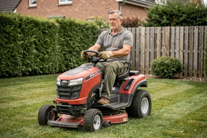 Homme sur un tracteur tondeuse rouge et noir dans un jardin pavillonnaire français bien entretenu