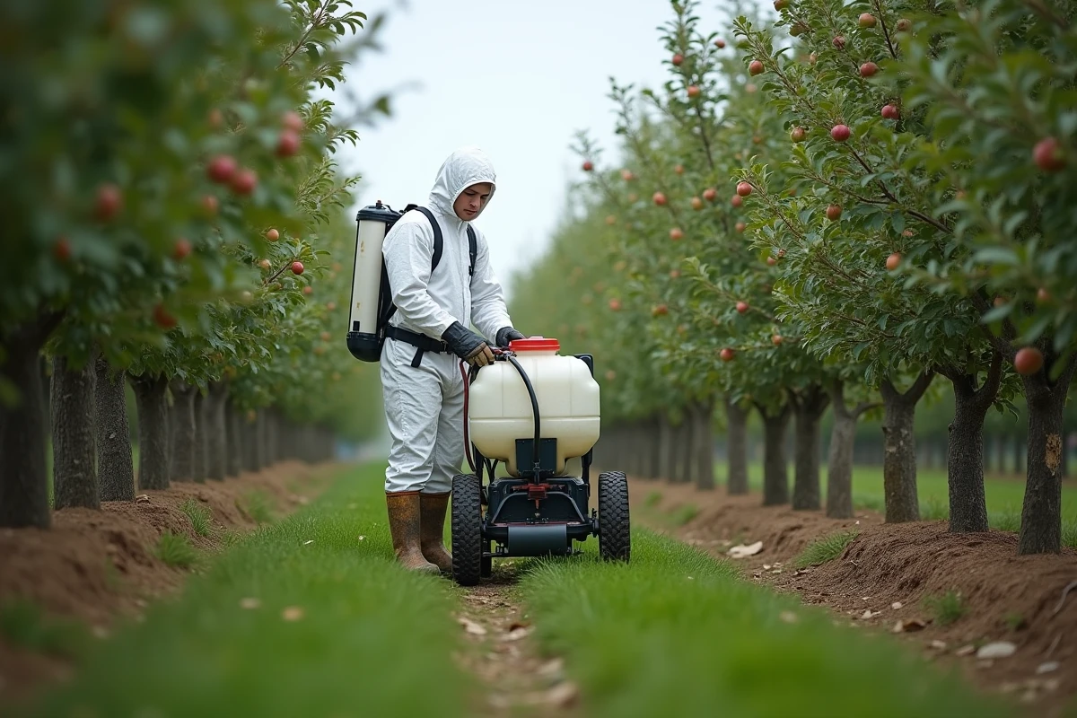 Technicien agricole en combinaison de protection appliquant un fongicide dans un verger de pommiers