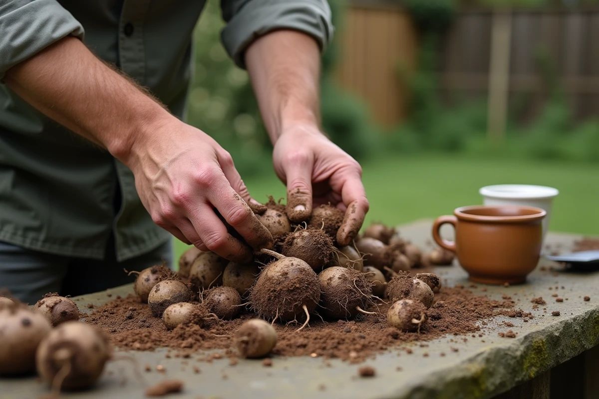 Mains d'un homme séparant des tubercules de dahlias sur une table de jardin en pierre au printemps
