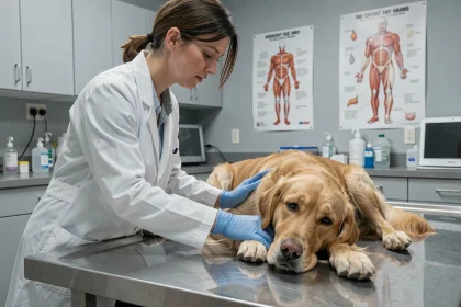 Vétérinaire examinant un chien golden retriever apathique sur une table d'examen dans une clinique vétérinaire moderne, dans le contexte d'une intoxication animale