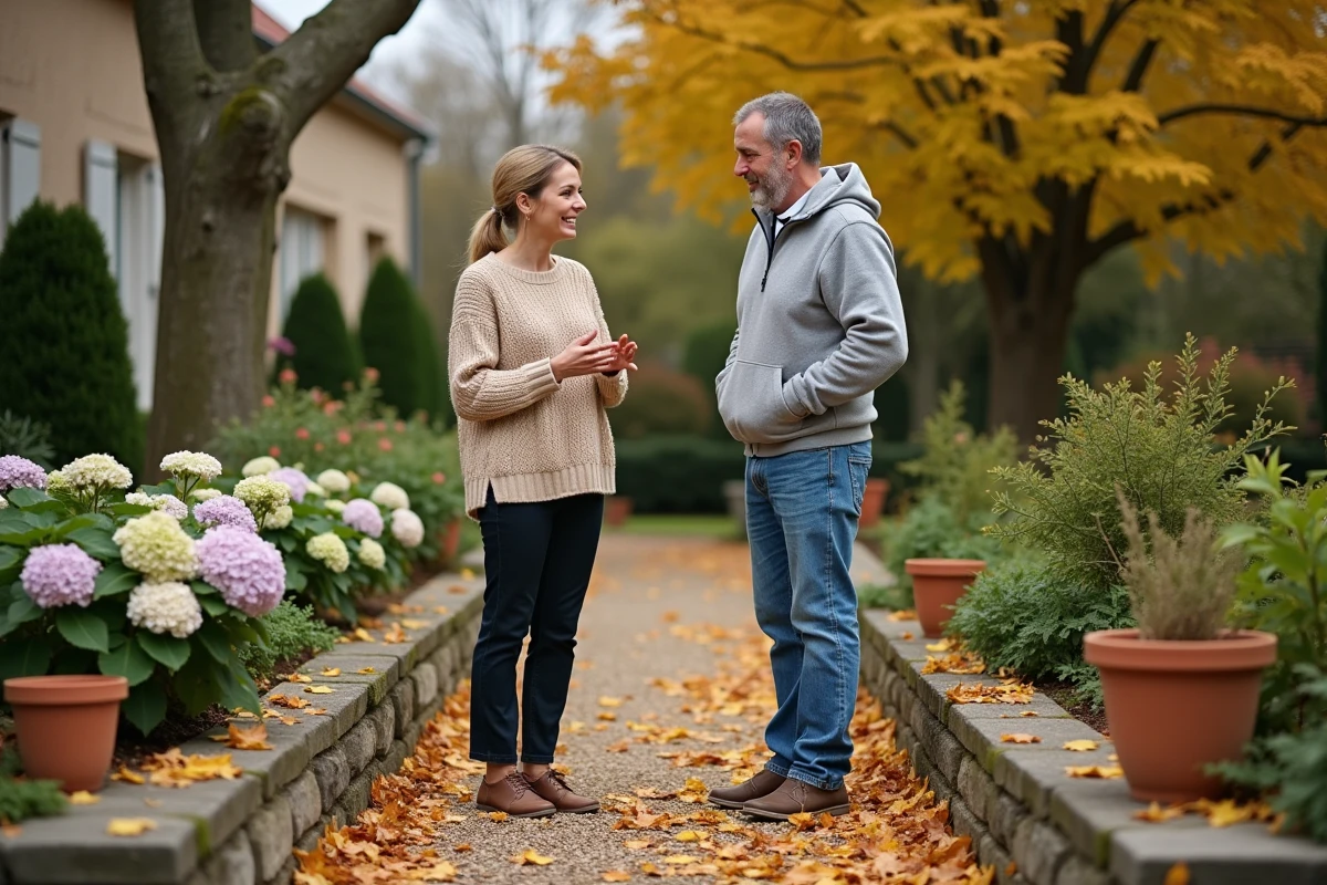 Deux voisins discutant des feuilles mortes tombées dans le jardin depuis l'arbre mitoyen