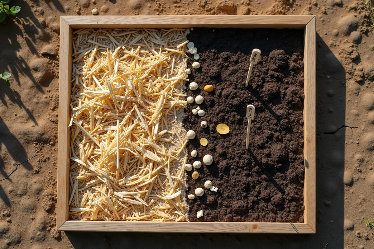 Vue aérienne d'un potager en carré montrant les couches d'amendements pour améliorer un sol pauvre et argileux