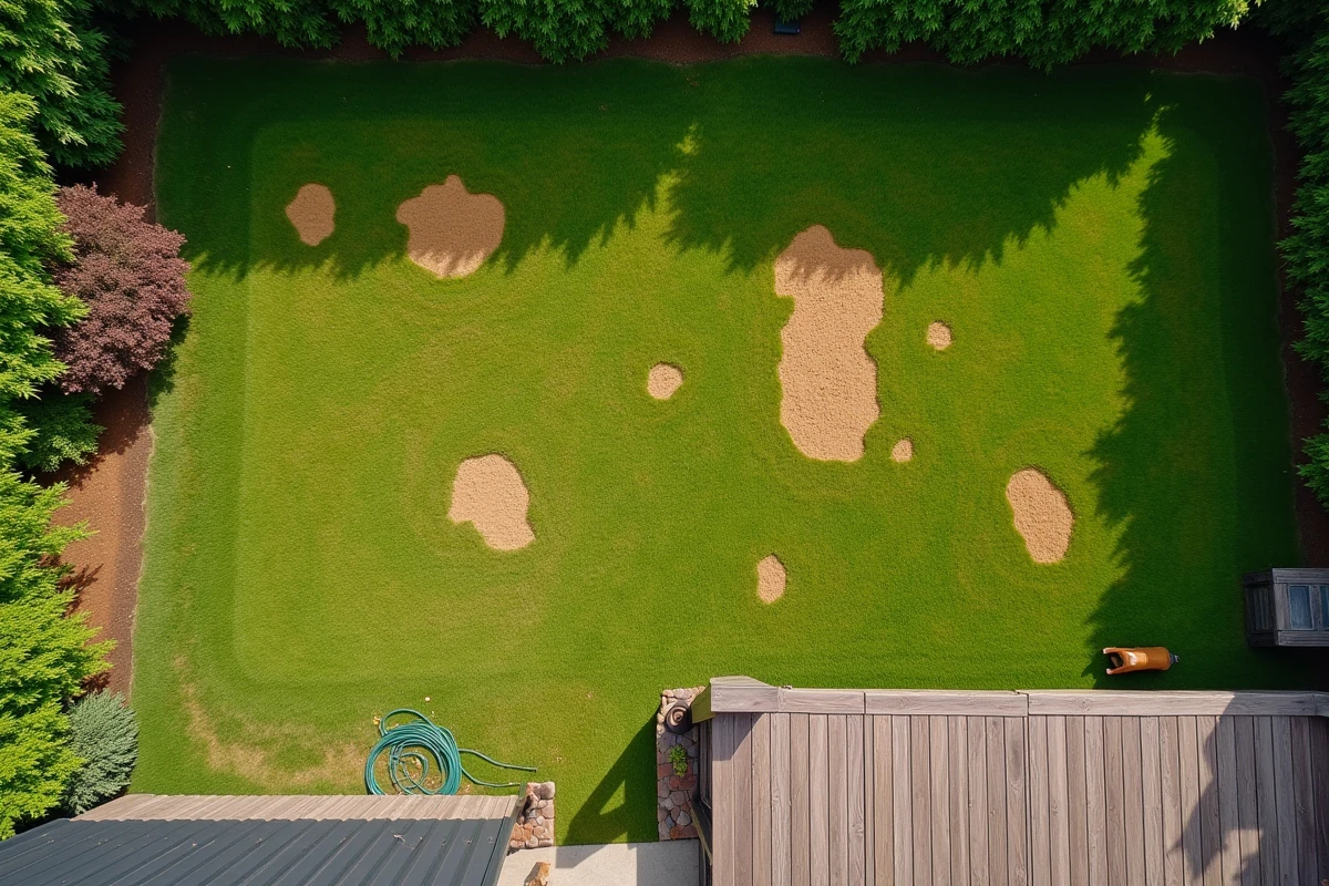 Vue aérienne d'un jardin résidentiel montrant plusieurs zones de pelouse brûlées par des crottes de chien