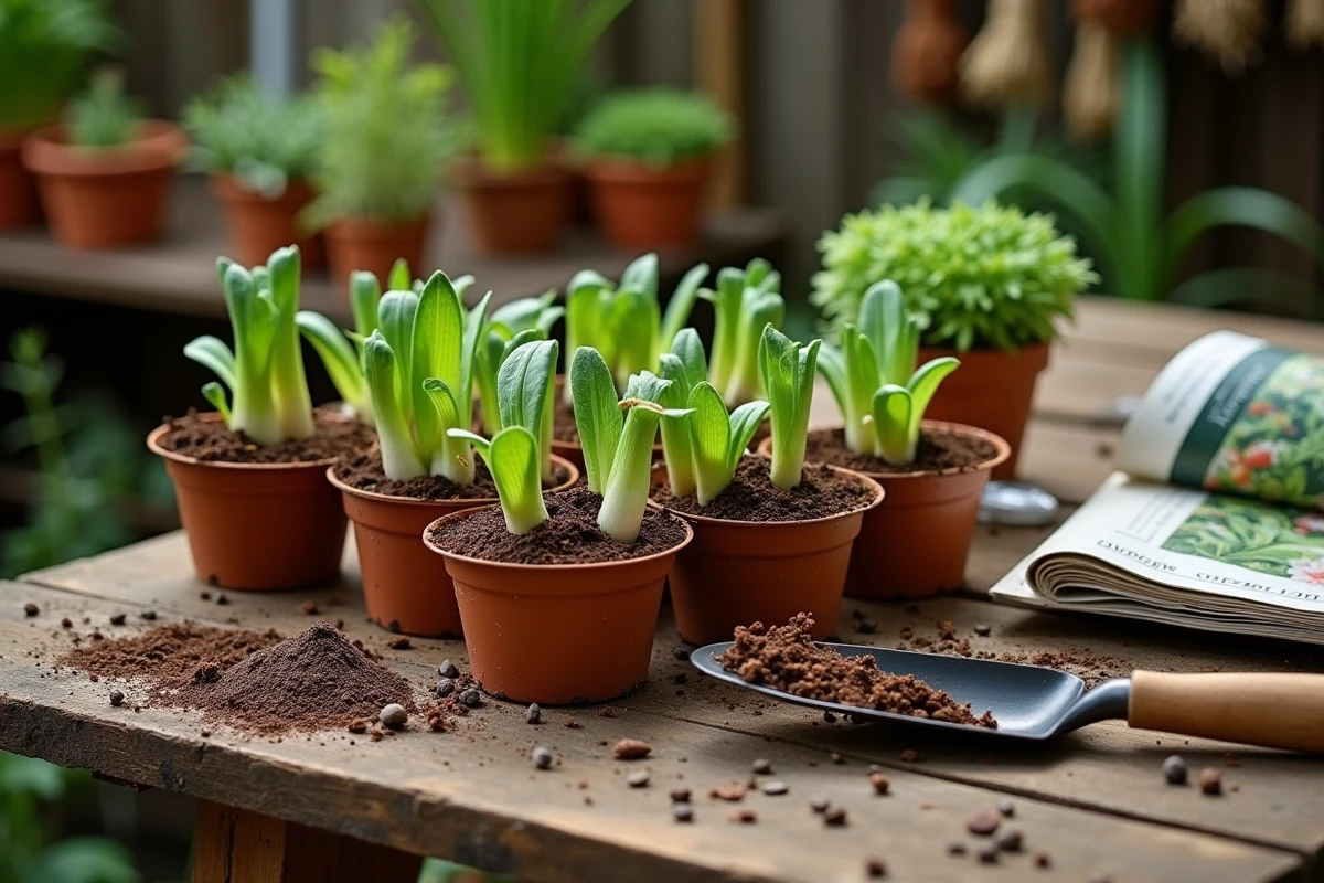 Vue de dessus d'un banc de rempotage avec des plants de légumes printaniers en godets biodégradables et des graines en avril