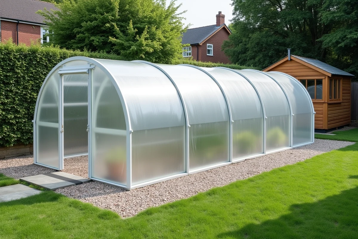 Vue aérienne d'une petite serre tunnel en polycarbonate montrant sa surface au sol dans un jardin résidentiel