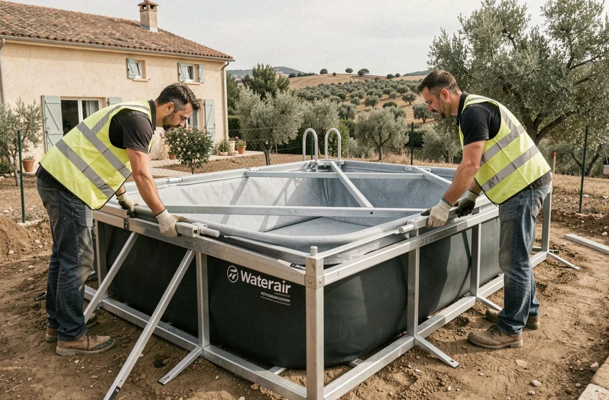 Installation d'une piscine Waterair avec structure en acier et liner dans un jardin résidentiel près de Marseille