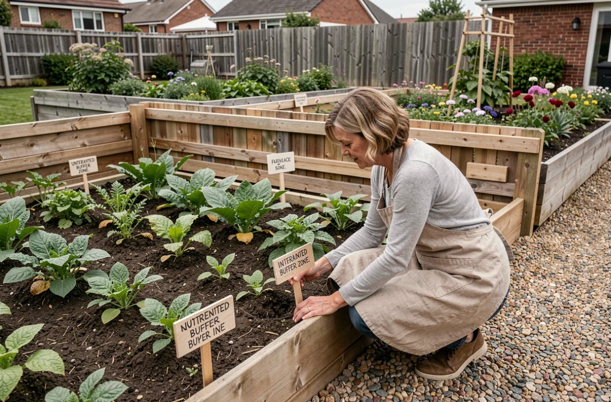 Femme installant des panneaux de zone non traitée dans un jardin potager en limite de propriété voisine